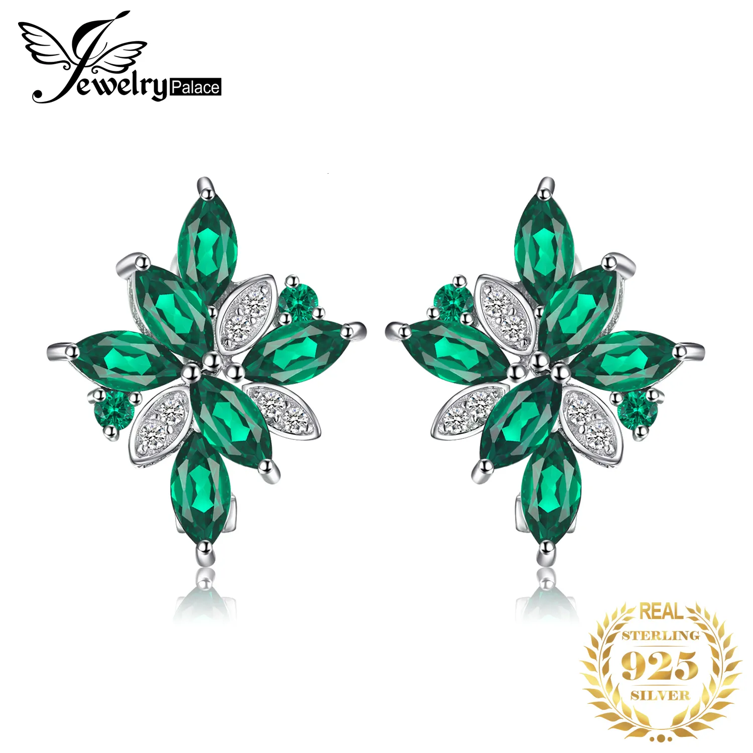 Ear Cuff Jewelrypalace Flower 2.4ct Green Simulated Nano Emerald 925 Sterling Silver Dangle Clip Earrings for Women Gemstone Jewelry 230728