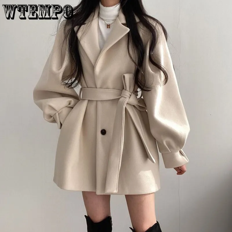 Casaco de Lã Feminino Comprimento Médio Blazer Gola Casaco de Lã Feminino Jaqueta de Inverno com Cinto Nicho Vintage Solto Moda Sobretudo Sólido Trench Coats 230728