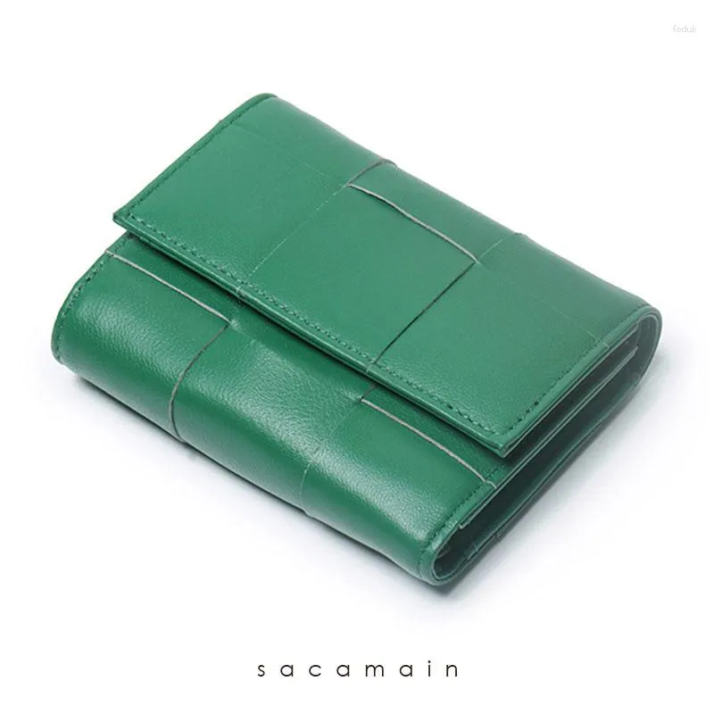 Wallets Sheepskin Wallet Handmade Weave Card Holder Coin Purse Fold Short Genuine Leather Retro Luxury Designer Women Unixes