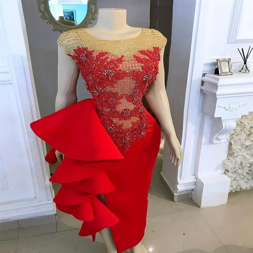 2020 Arabic Aso Ebi Red Sexy Sheath Evening Dresses Lace Beaded Prom Dresses Sheer Neck Formal Party Second Reception Gowns ZJ2582750