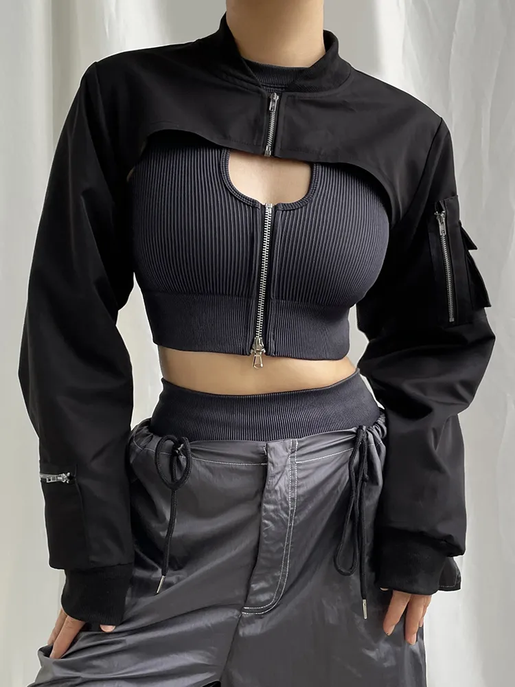 ジャケット・アウター BULKY SLEEVE CROPPED JACKET Korean Style Jacket Edgy Black Cropped Jacket With Pockets