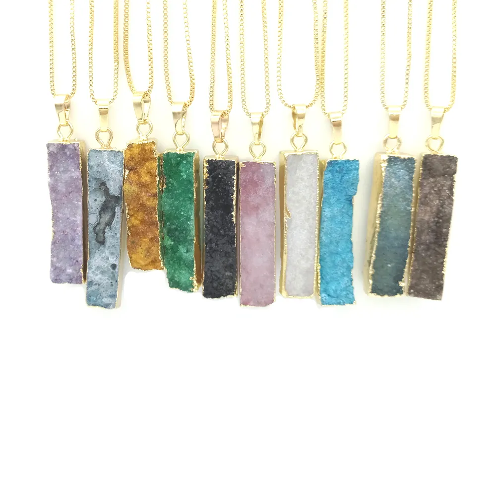 JLN Druzy Agate Long Bar Rectangle Pendant Geode Quartz Stone Pendants With Brass Chain Jewelry For Men Women