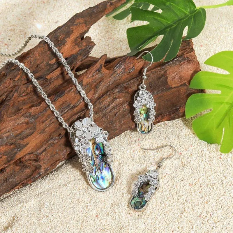 Kolye küpeleri set Hawaiian doğal abalon kabuk gümüş kaplama terlik kolye Samoan Adası Mücevher Kadınlar için