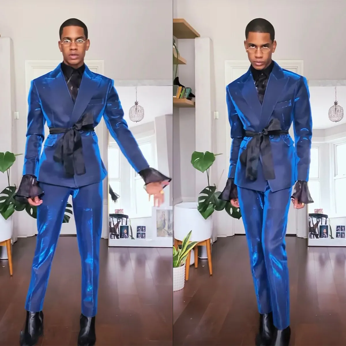 Shiny Blue Men Wedding Tuxedos 2 Pieces Peaked Lapel Formal Prom Party Customized Jacket Pants Groom Evening Fashion Show Wear