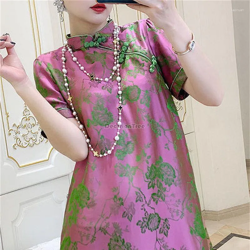 Abbigliamento etnico 2023 Vestito Qipao cinese stampato fiore migliorato Primavera Estate Manica corta Colletto alla coreana Moda retrò Cheongsam S497