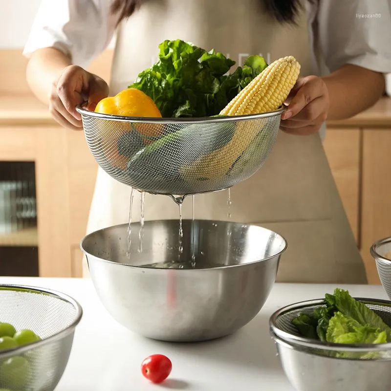 Skålar rostfritt stål sallad skål med dränering korg set blandning ägg tvätt grönsak frukt kök redskap diy matlagningsbakningsverktyg