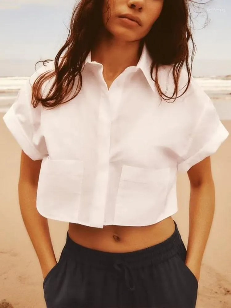 Kvinnors blusar sommar söta mode enkel all-match topp casual temperament design sense nisch fransk lapel lös poplin kort skjorta