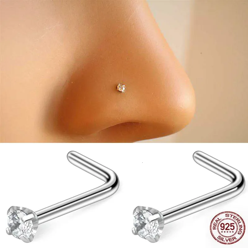 Anillos de botón de campana de ombligo 925 plata esterlina en forma de L perno prisionero de nariz 2mm cristal transparente Piercing de nariz joyería del cuerpo 20pcspack 230729