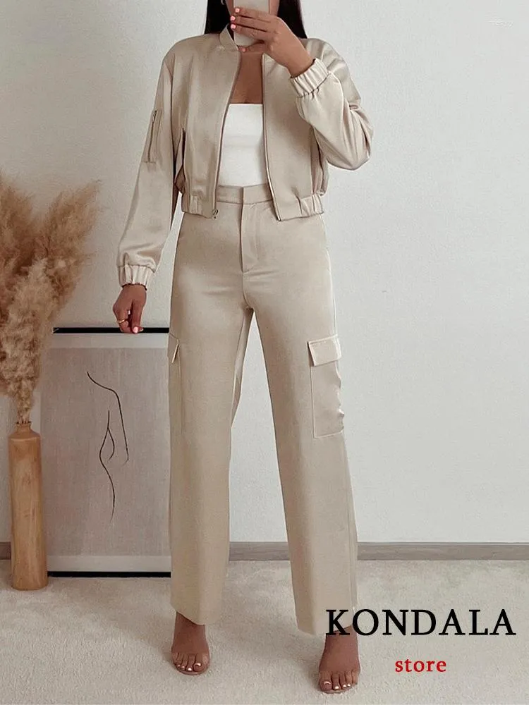 Kvinnors tvåbitar byxor Kondala Casual Satin Women Beige Suits Fashion 2023 Summer Zipper Bomber Jackets High midje breda benkläderuppsättningar
