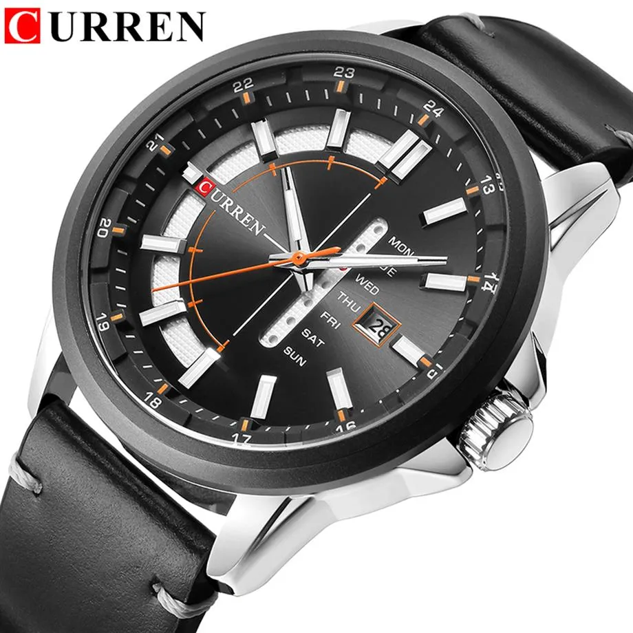 Curren Casual Leather Strap Business Wristwatches Classic Black Quartz Men's Watch Display تاريخ وأسبوع CLOC332A
