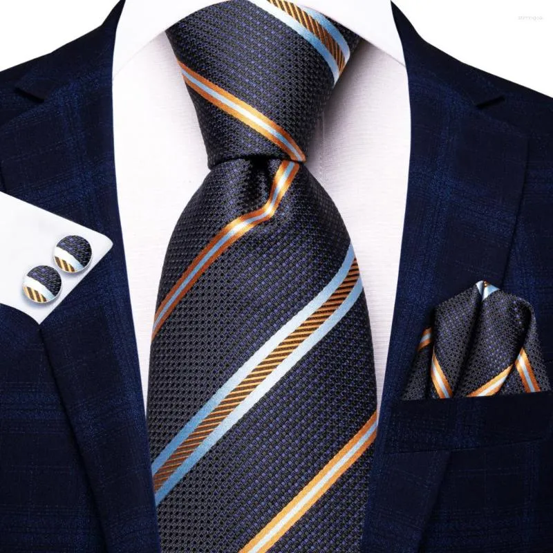 Papillon Hi-Tie Designer 2023 Cravatta a righe blu navy arancione per uomo Fashion Brand Wedding Party Cravatta Handky Gemelli all'ingrosso