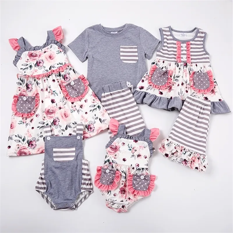 Robes pour filles Girlymax Summer Brother Stripe Baby Girls Dress Boys Floral s Set Ruffles Romper Vêtements pour enfants 230728