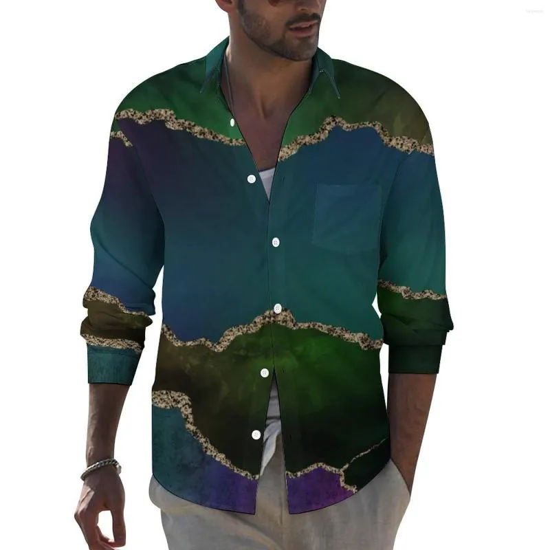 Men's Casual Shirts Golden Marble Y2K Shirt Men Edgy Agate Print Autumn Loose Blouses Long Sleeve Custom Oversize Tops