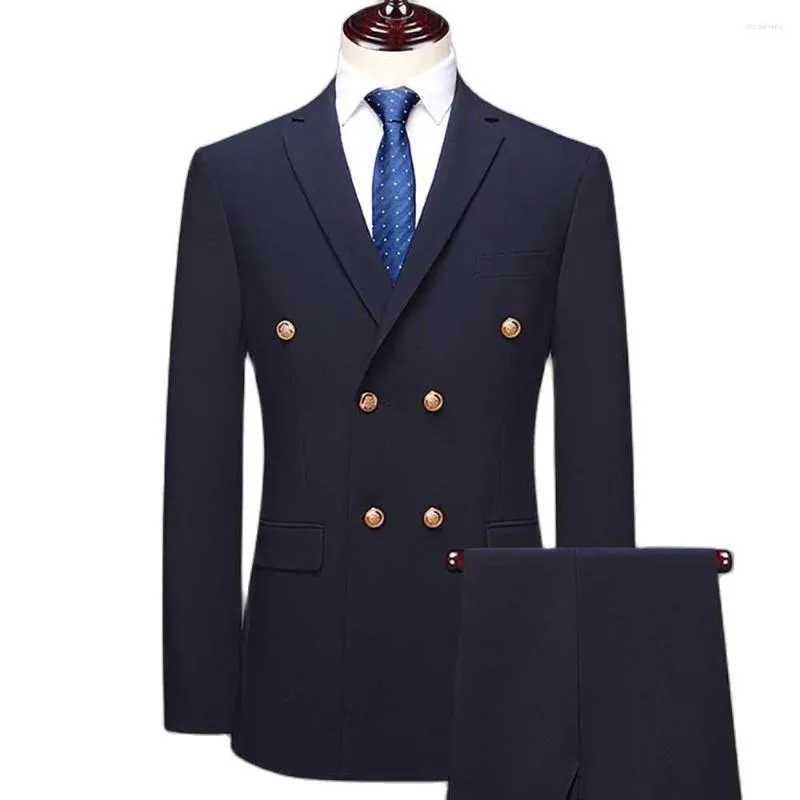 Costumes pour hommes bleu marine Double boutonnage revers cranté Occasion formelle Blazer Hombre marié Terno deux pièces veste pantalon coupe ajustée