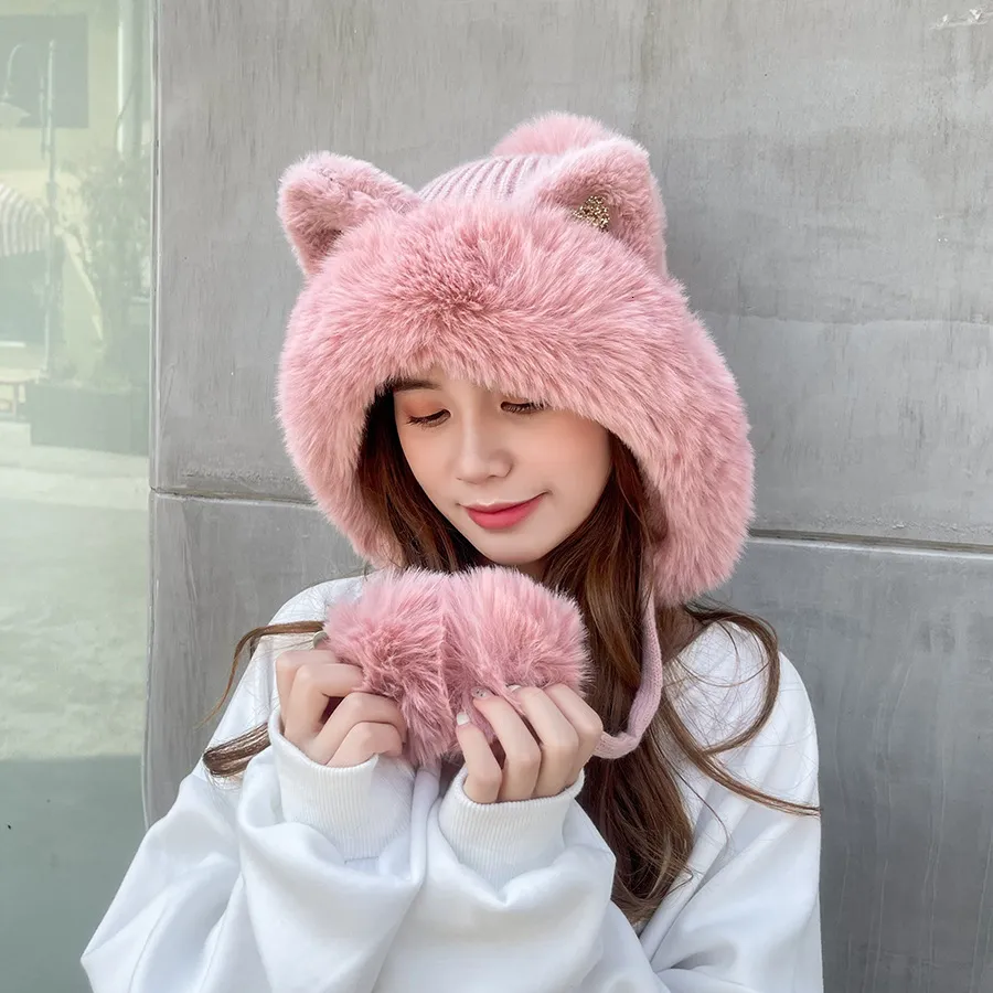 Charming Pink Cat Design Women\'s Winter Hat Set Pink Furry Cat Hat - Etsy main image 4
