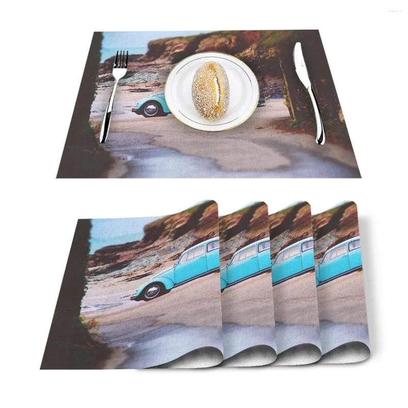 Chemin de Table 4/6 pièces ensemble tapis voiture bleue sur la plage serviette imprimée accessoires de cuisine maison fête napperons décoratifs