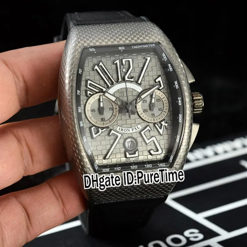 Nuovo Vanguard V45 Cronografo al quarzo Orologio da uomo Cassa in acciaio Quadrante nero interno grigio Texture Numero grande Marcatori Pelle di gomma Puretime235j