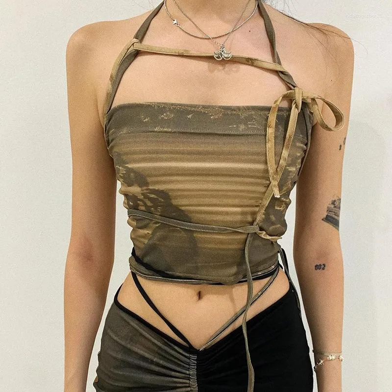 Canottiere da donna 2023 Camouflage Canottiera piccola Appesa al collo Cinghie pettorali avvolti Top Sexy Slim Modelli ultra-corti