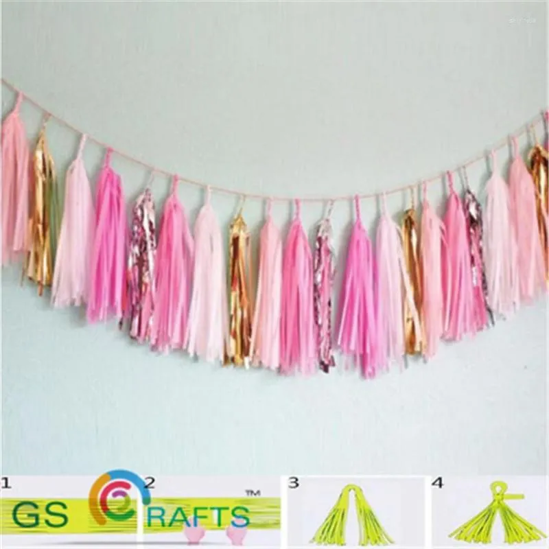 Flores decorativas 27 cores rosa claro e dourado lenço de papel borlas festa casamento decoração de natal guirlanda buntings pompom tassle