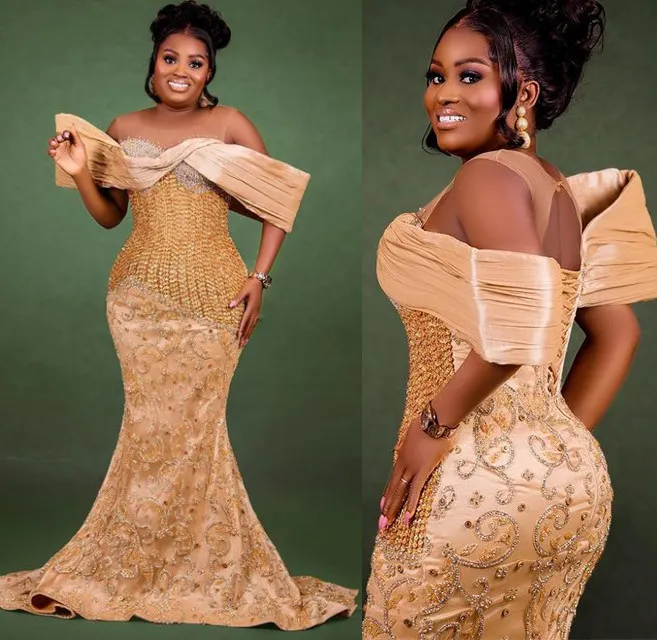 2023 Aso Ebi Gold Mermaid Prom Dress Cristales moldeados Noche sexy Fiesta formal Segunda recepción Cumpleaños Vestidos de compromiso Vestidos Robe De Soiree ZJ771