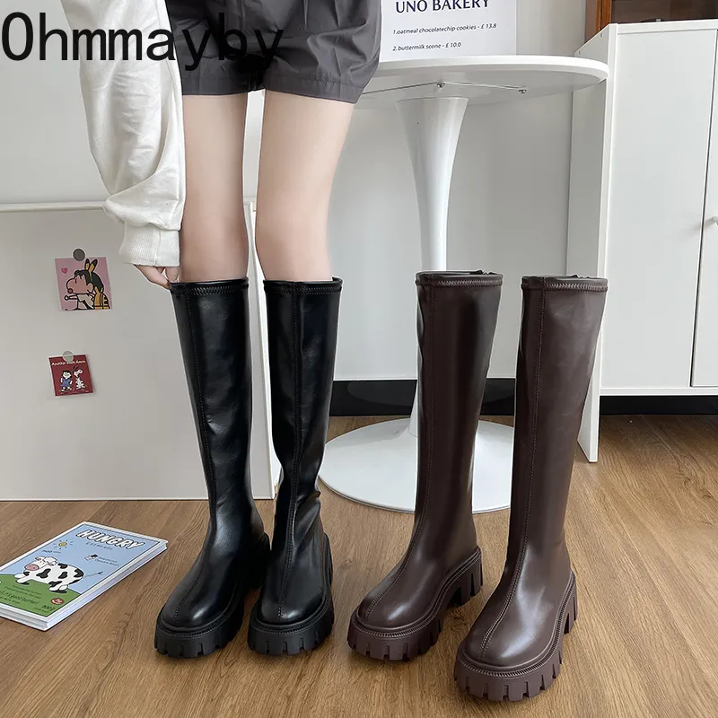 Boots Winter Autumn Chunky Woman Knee-High Boots Zipper Fashion Round Toe Soft Leather Punk Style Ladies Shoes 230729