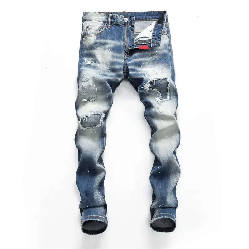 Herren Slim Fit Jeans D2 Casual Zipper Cowboy Hosen Fashion Street Herren Elastische Eng Anliegende Hosen Motorrad Perforiertes Design Washed314