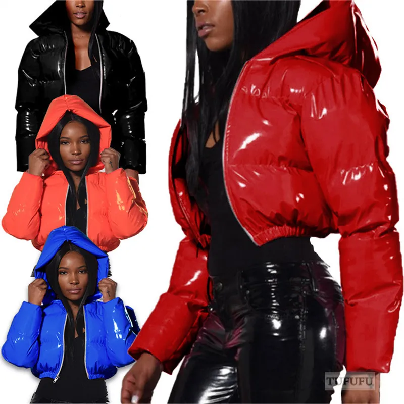 Women s Jackets Fashion Cute Women Bright PU Pink Puffer Jacket Winter Warm Bubble Coats Shiny Leather Parkas Down Zipper Cropped 230729