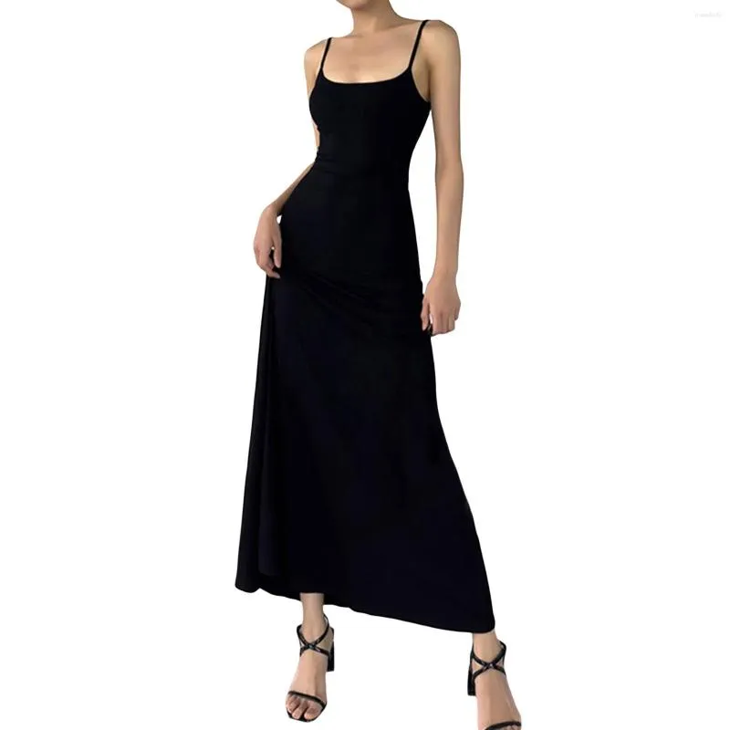 Casual klänningar Kvinnor Sling Bodycon A-Line Long Dress Summer Spaghetti Rems Hollowed Solid Color Swing for Party