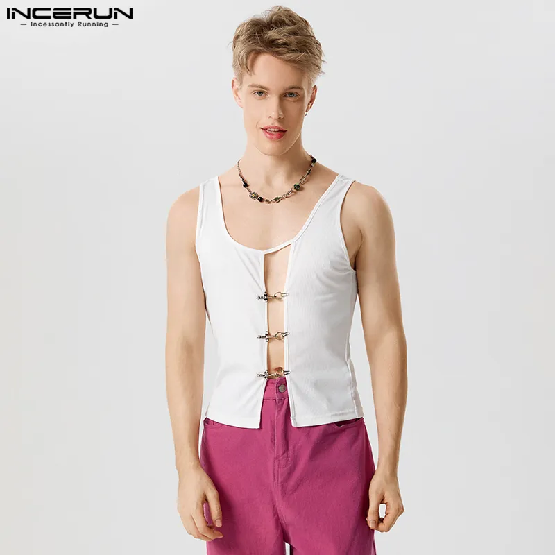 Mannen Tank Tops Mode Casual Stijl INCERUN Metalen Gesp Knoopsluiting Ontwerp Vesten Sexy Effen Allmatch Gebreid Vest S5XL 2023 230728