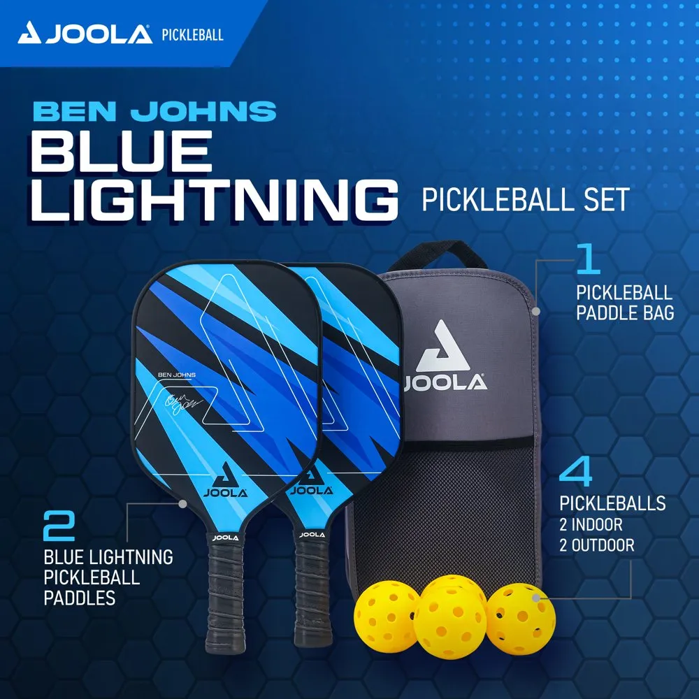 Ben Johns Blue Lightning Pickleball 세트, 2 개의 패들, 패들 백, 4 개의 공, 파란색