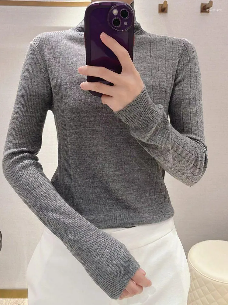 Pulls pour femmes 2023 automne et hiver femmes pull gris col mi-haut à manches longues pull bas