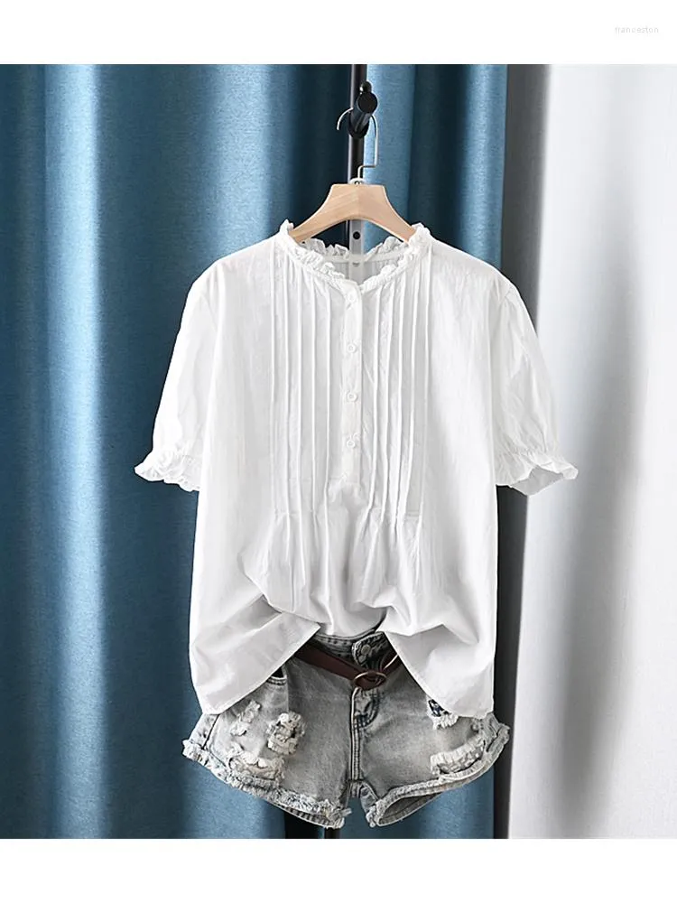 Women's Blouses Lamtrip Unique Ruffled Collar Pleated Short Sleeve Cotton Shirt Top 2023 Summer Mori Girl Clothing