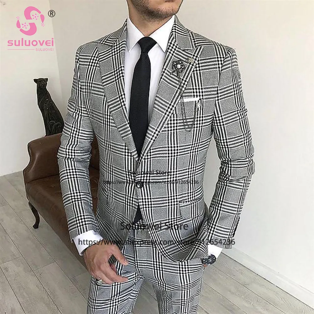 Abiti da uomo Blazer Fashion Plaid For Men Prom Slim Fit 2 pezzi Giacca Pantaloni Set Uomo Business Blazer Formale Sposo Matrimonio ed Risvolto Smoking 230728