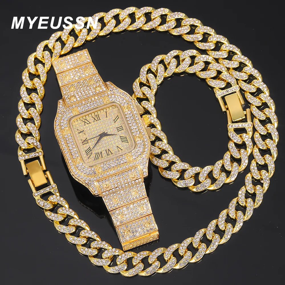 Chokers Full Iced Out Watch Heren Cubaanse Link Chain Armband Ketting Choker Bling Sieraden voor Mannen Big Gold Color Chains Hip Hop Watch Set 230728
