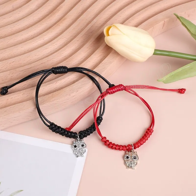 Adjustable Woven Cotton Rope Crystal Owl Charm Bracelets for Women Red and Black Friendship Bracelets Jewelry