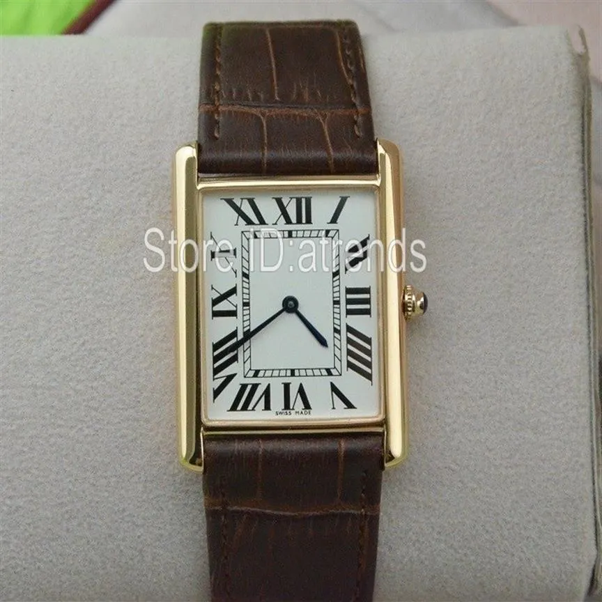 Super Thin Series Top Fashion Orologio al quarzo Uomo Donna Quadrante oro Cinturino in pelle marrone Orologio da polso Classico design rettangolare Orologio da sera267x