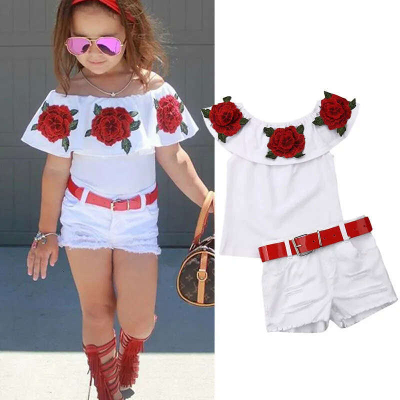 Zestawy odzieży Ubrania dla dzieci Dziewczyny róża kwiat z ramion Topsdenm Szorki Baby Girl Summer Stroje Toddler 2pcs Ubrania 230728