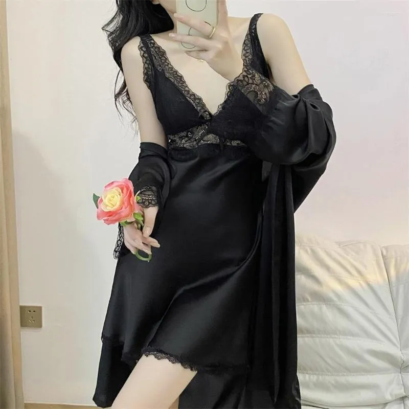 Roupa de dormir feminina Jxgarb Sexy duas peças Conjuntos de pijama robe de seda gelada Casamento Noivas Boudoir Moda Feminina Roupas de noite