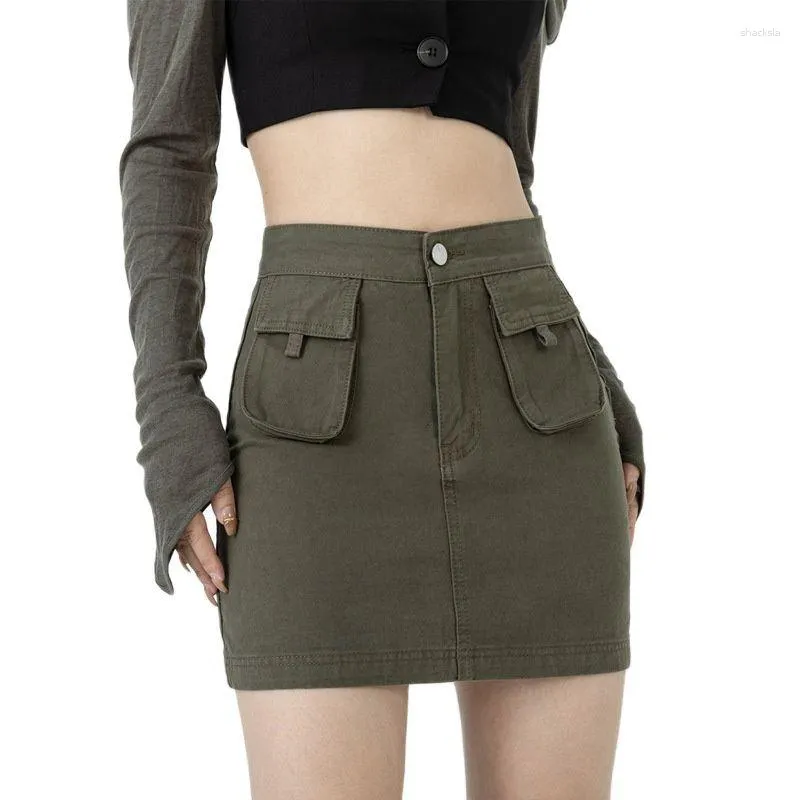 Skirts Vintage Front Pocket Lining Denim Skirt For Women Slimming Model High-waisted Grayish-green Tooling Short Clothing