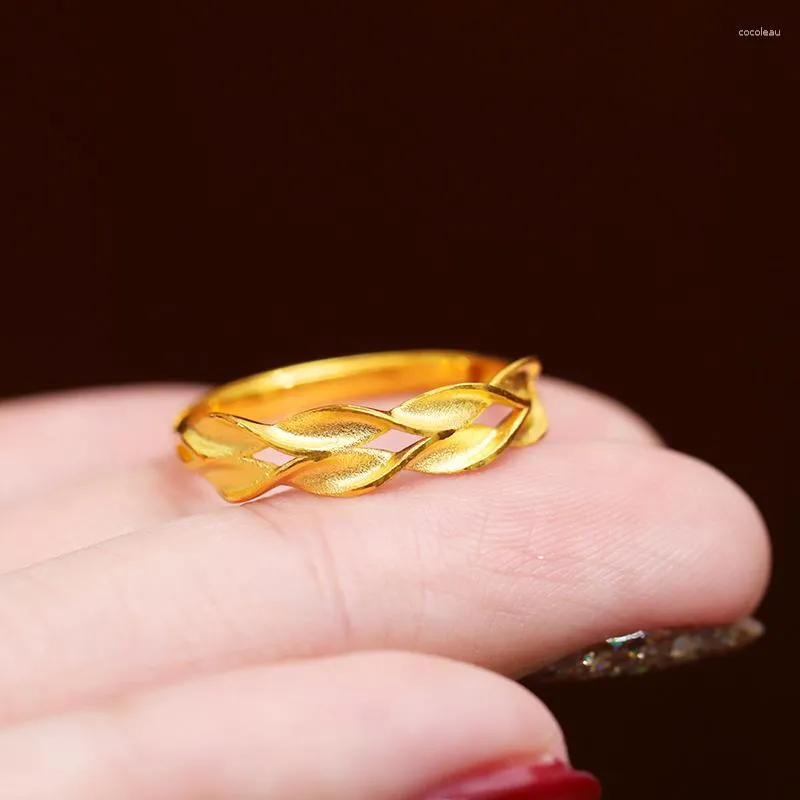 Cluster Rings Anel de ouro amarelo 24K real para mulheres Espiga sólida de folha de trigo Tamanho dos EUA 5-7 Jóias para presente