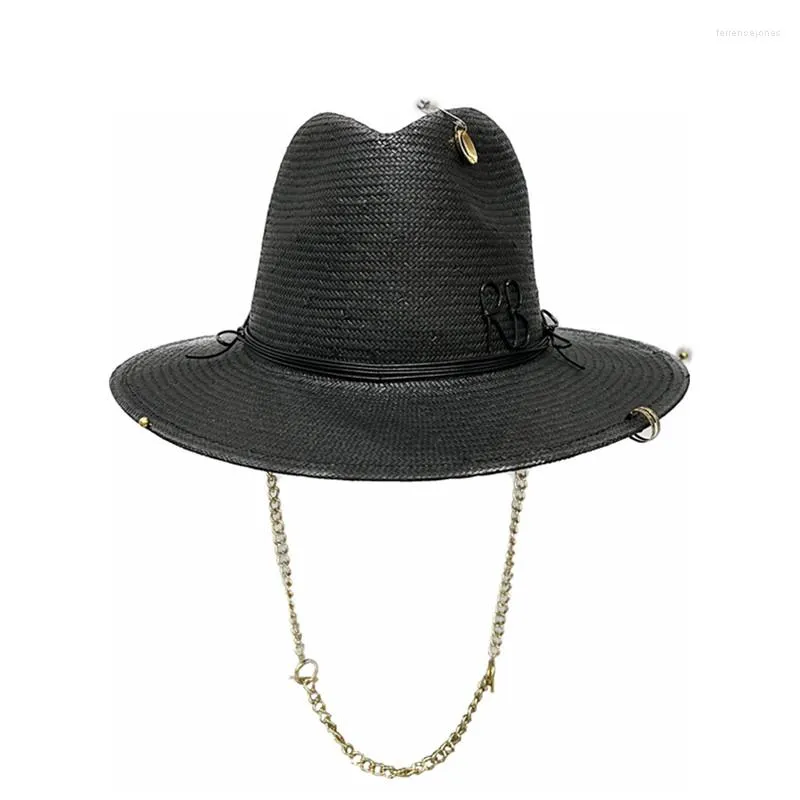 Wide Brim Hats 2023 Summer Arrival Straw Hat Black Chain Strap Fedora For Women Sunshade Beach Ladies