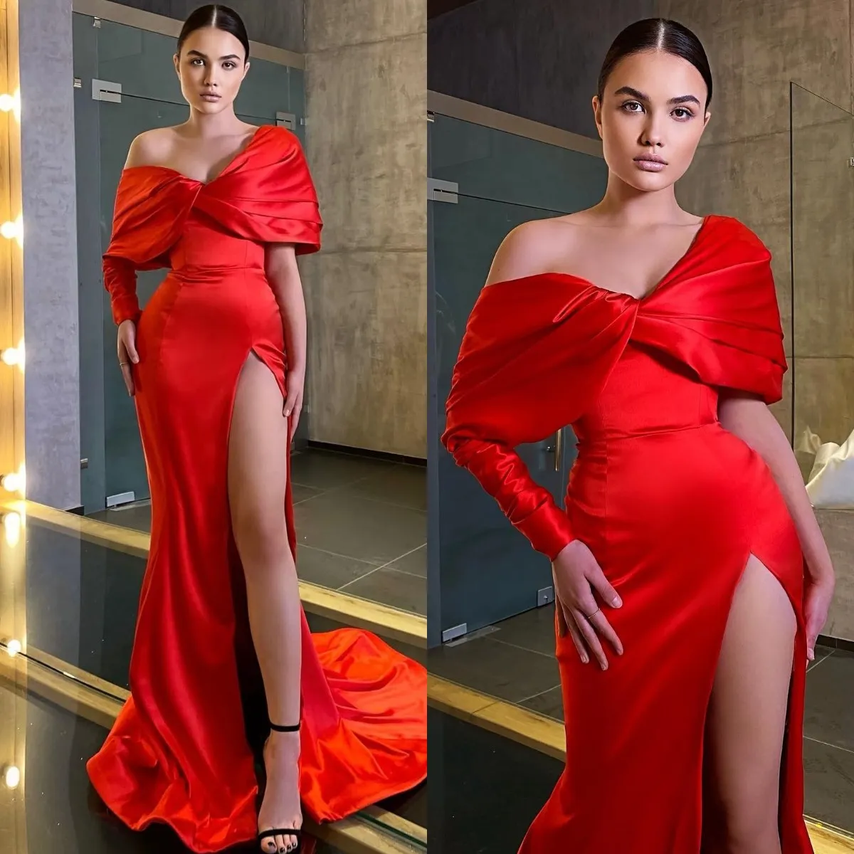 Elegant Red Mermaid Prom Dresses Off Shoulder Split Evening Dress Pleats Formal Long Special Occasion Party dress