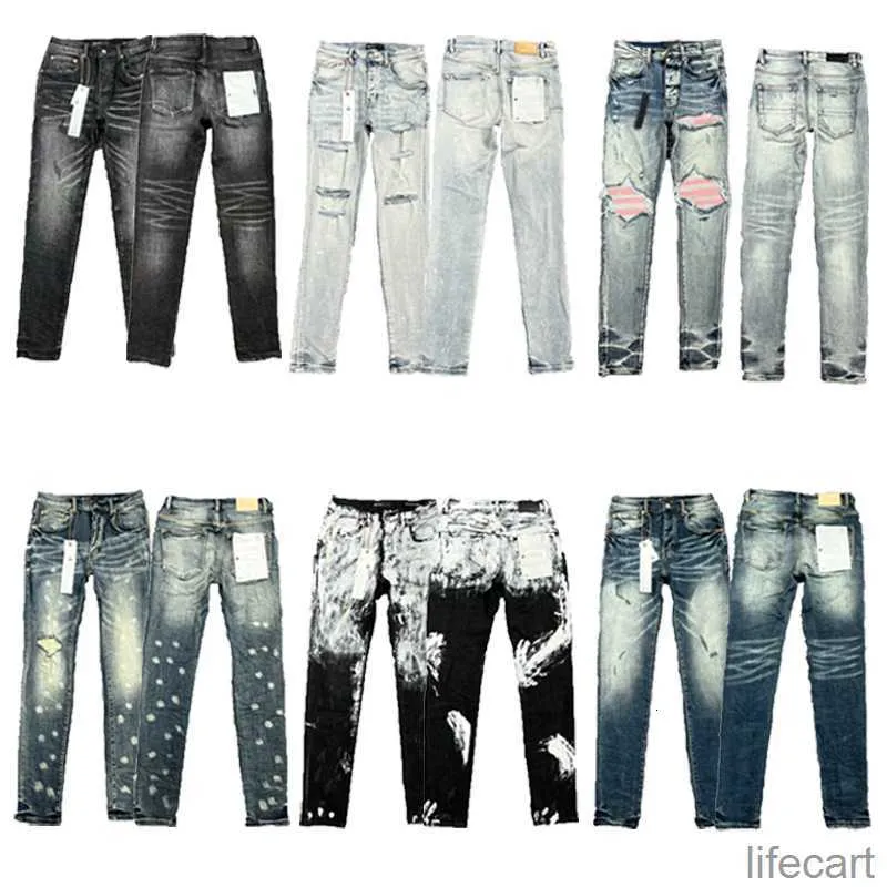 Designer Heren Paarse Jeans Hiphop Mode Rits Gat Was Jean Broek Retro Gescheurde Vouw Stiksels Mannen Motorrijden Koele Slanke Broek Hemelsblauw voor Vrouwen Oq4u