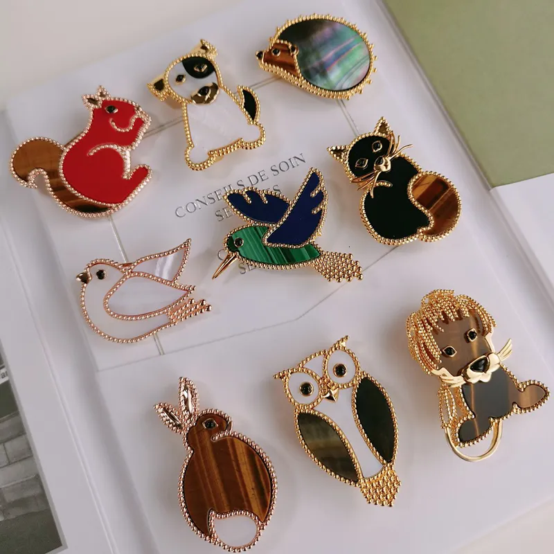 Pins Broches Kwaliteit Luxe Merk Puur 925 Zilveren Sieraden Goud Dieren Vogel Leeuw Konijn Egel Hond Kat Eekhoorn Uil Edelsteen 230729