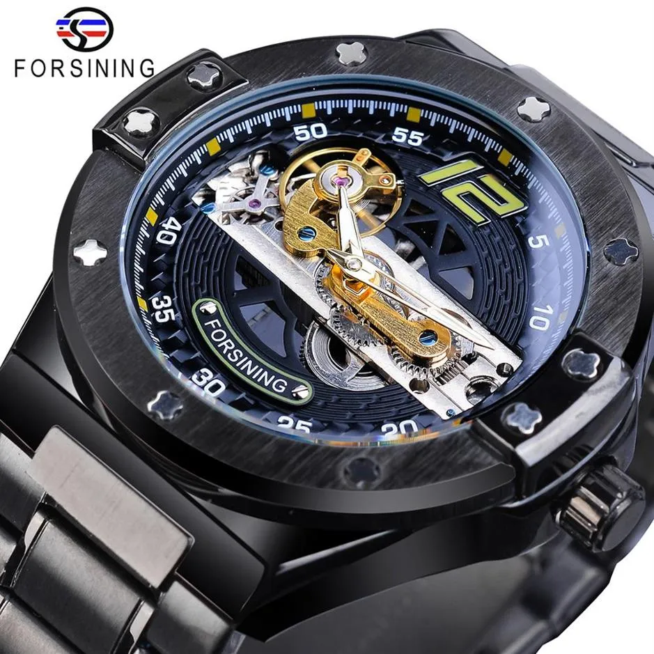 Forsining Klassieke Brug Mechanische Horloge Mannen Zwart Automatische Transparante Gear Volledige Stalen Band Racing Mannelijke Sport Horloges Relogio217j