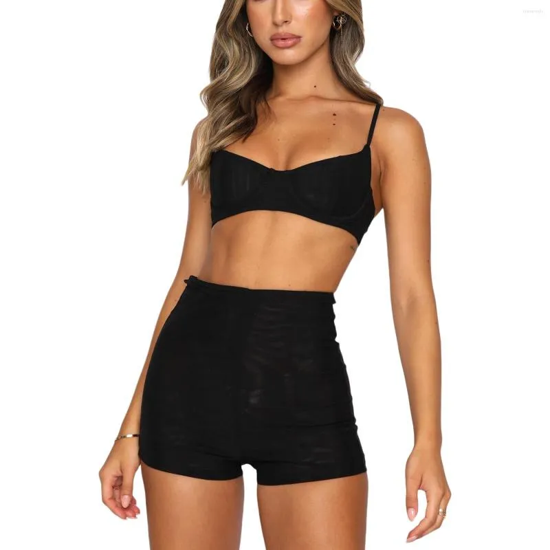 Survêtements femme été 2 pièces tenues couleur unie/imprimé Camisoles sans manches fronde débardeurs taille haute ensemble short et haut