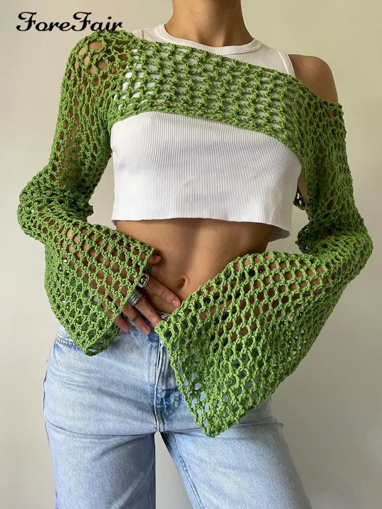 Women's T-Shirt Foreair Summer Green Long Sleeve Smoked Knitted Crop Top Women's Y2k Beach Sexy Backless Hollow Party T-shirt Casual 230728