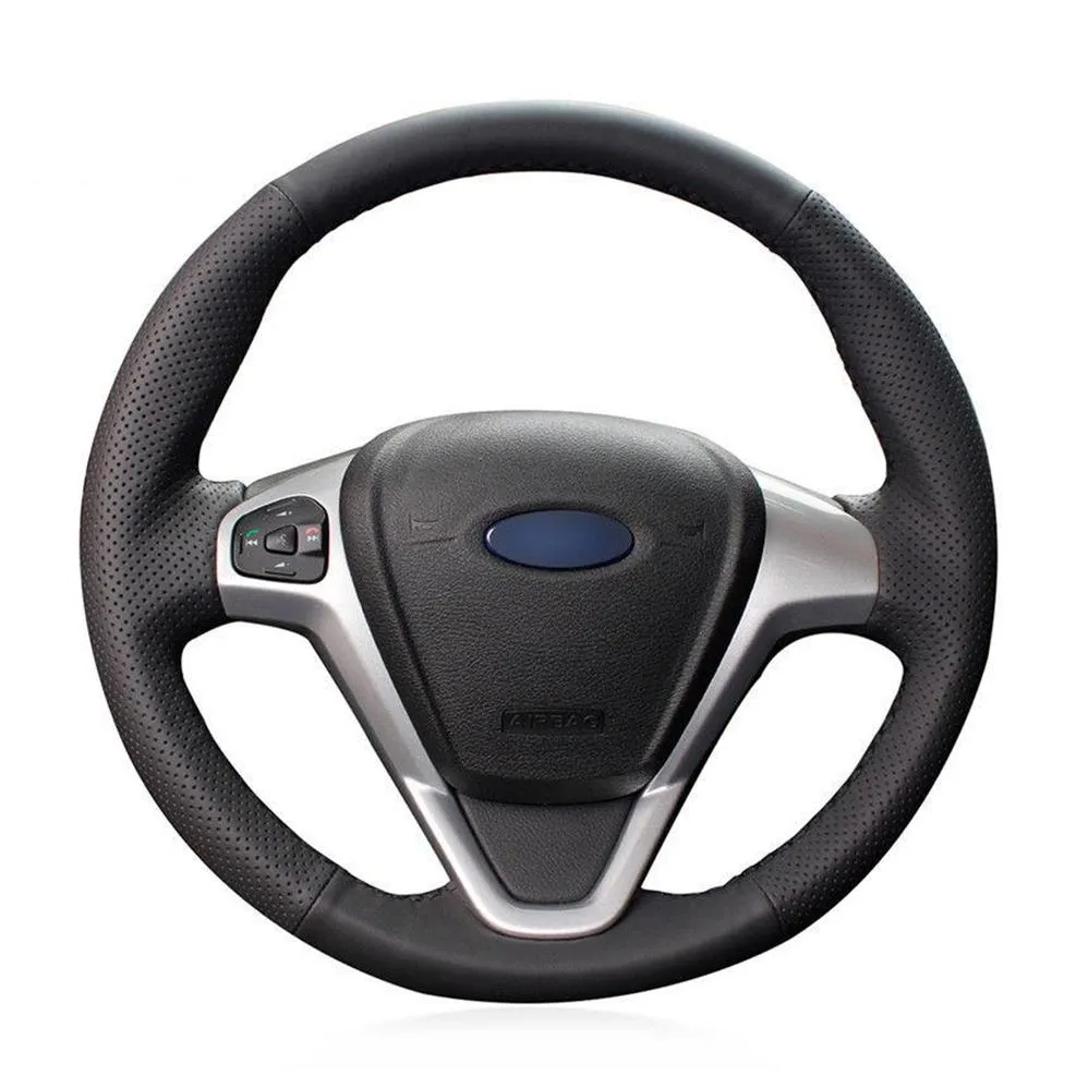 For Ford Fiesta 2008-13 hand-sewn steering wheel cover black artificial leather309v