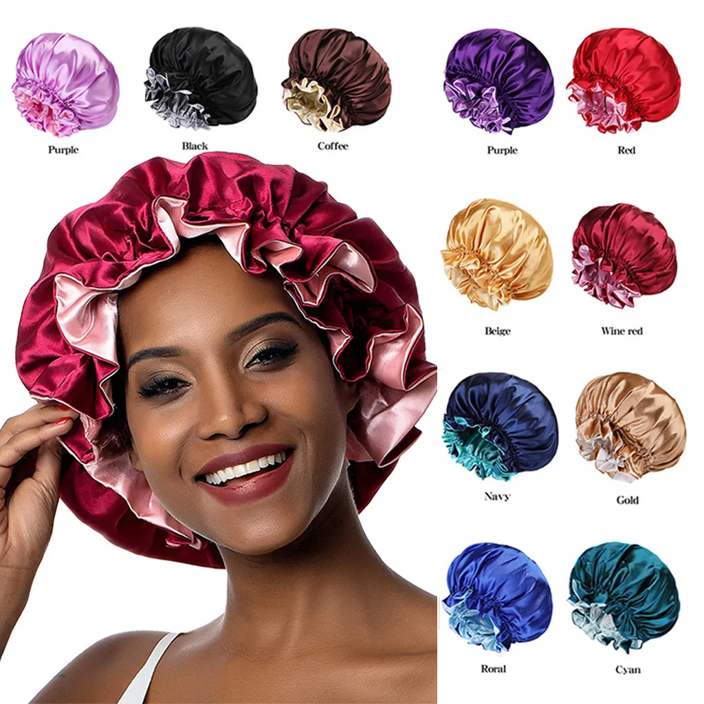 Silk Night Cap Hat Hair Clippers Double side wear Women Head Cover Sleep Cap Satin Bonnet for Beautiful -Wake Up Perfect Daily