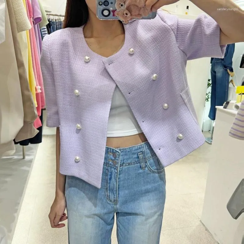 Women's Jackets Purple Pearl Button Short Jacket Top Sleeve 2023 Summer Clothing Korean Elegant Lady Chic Fashion Daily Wear Outfit